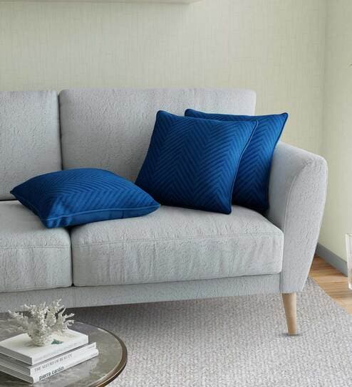 Blue Solid Cotton Self Design Cushion Cover