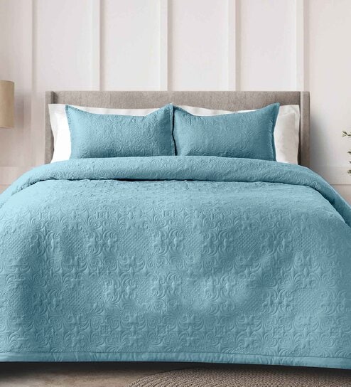 Blue Solid GSM 300 Pure Cotton King Size Bedcover With 2 Pillow Covers