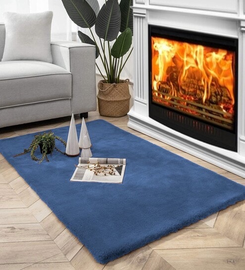 Blue Solid Polyester 3 X 5 Feet Machine Made Carpet