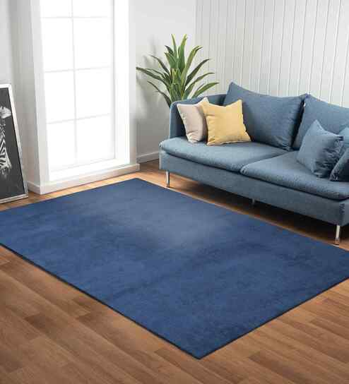 Blue Solid Polyester 4x6 Feet Machine Made Carpet