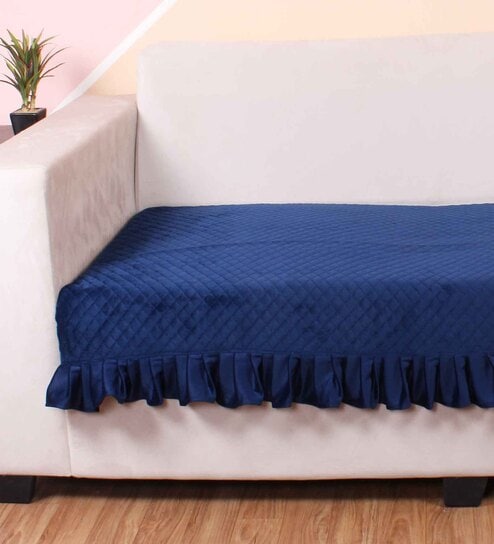 Blue Solid Velvet 1 Seater Quilted Sofa Cover (Protector) with Frill