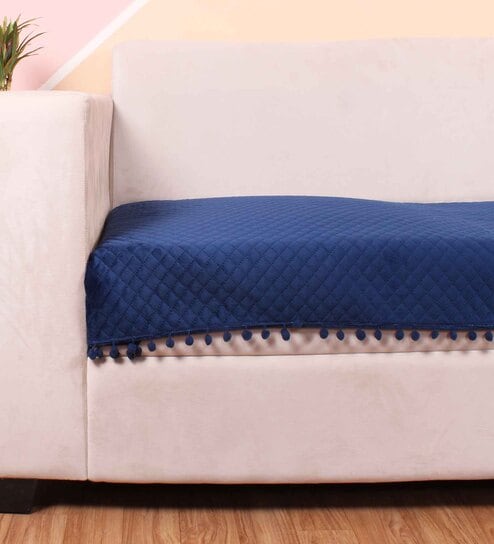 Blue Solid Velvet 1 Seater Quilted Sofa Cover (Protector) with Pompom