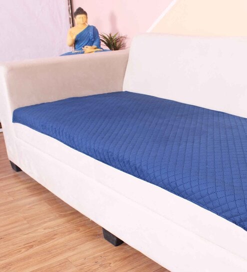 Blue Solid Velvet 2 Seater Quilted Sofa Cover (Protector)