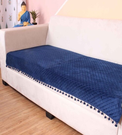 Blue Solid Velvet 2 Seater Quilted Sofa Cover (Protector) with Pompom
