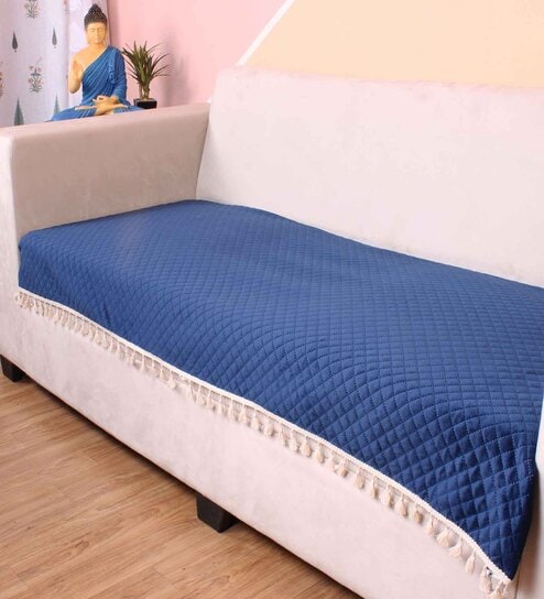 Blue Solid Velvet 2 Seater Quilted Sofa Cover (Protector) with Tassel