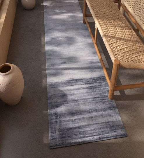 Blue Solid Viscose 3'6 ft X 17 ft Hand Woven Runner