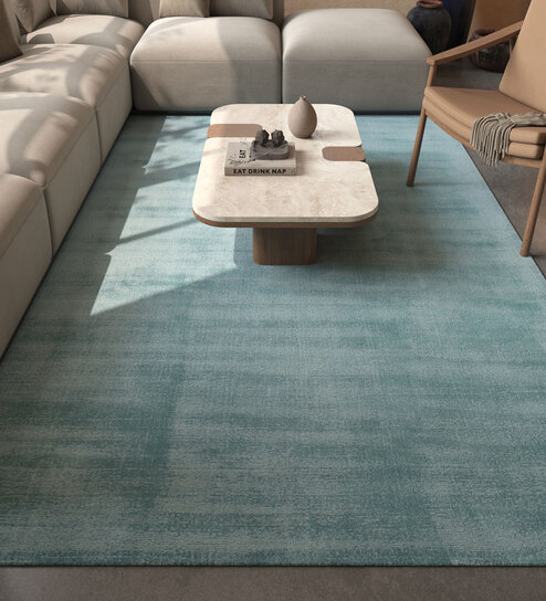 Blue Solid Viscose 5 ft X 8 ft Hand Woven Rectangle Carpet
