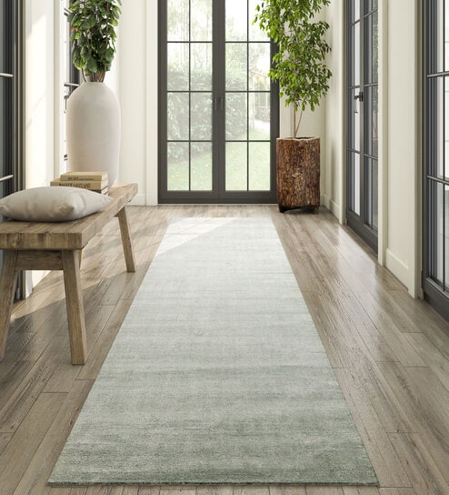 Blue Solid Wool and Viscose 4'6 ft X 12 ft Hand Woven Runner