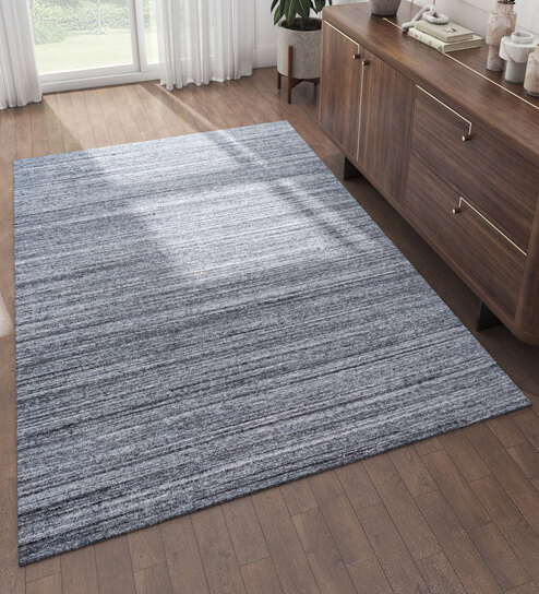 Blue Solid Wool and Viscose 5 ft X 8 ft Hand Woven Carpet