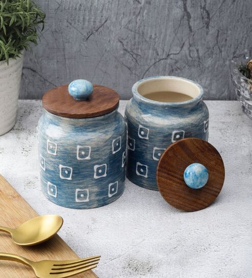 Blue Square Embossed Ceramic Air Tight Jars/ Barnis with Wooden Lids - Set of Two