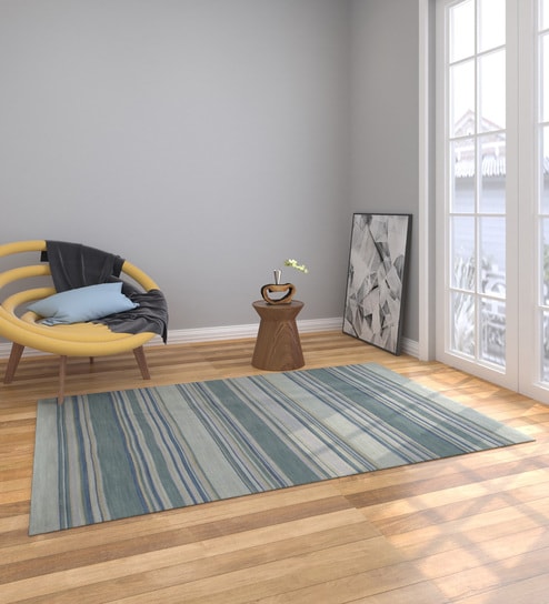 Blue Striped Wool 5 ft X 8 ft Hand Woven Carpet by Jaipur Rugs