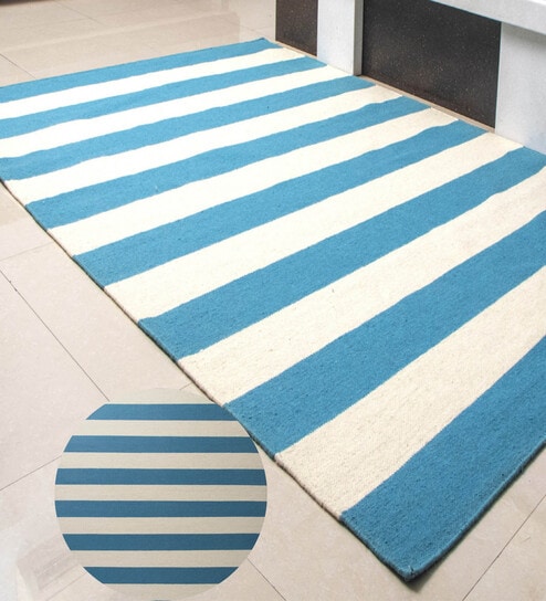 Blue Stripes Wool 7X5 Feet Hand Woven Carpet