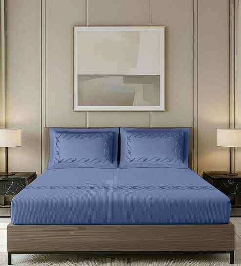 Blue Stripped Pattern With Floral Embroidery 500 Tc Cotton King Sized Double Bedsheet With 2 Pillow Covers