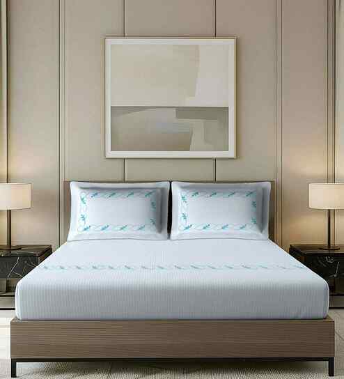 Blue Stripped Pattern With Floral Embroidery 500 Tc Cotton King Sized Double Bedsheet With 2 Pillow Covers