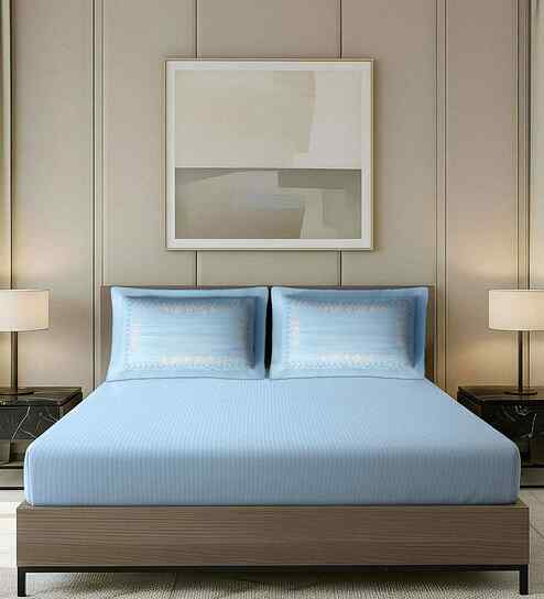 Blue Stripped Pattern With Floral Embroidery 500 Tc Cotton King Sized Double Bedsheet With 2 Pillow Covers