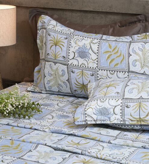 Blue Stylized Floral Motifs 210 TC 100% Cotton Superking Bedsheet with 2 Pillow Covers-image-33