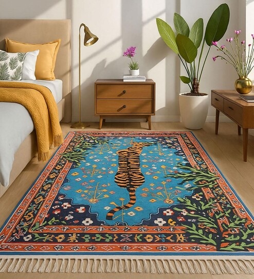Blue Tiger Multicolor Printed Polyester 4 X 6 Feet Machine Made Carpet