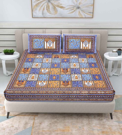 Buy Blue Traditional 144 TC Cotton Blend Queen Sized Bed Sheets with 2  Pillow Covers by Rajasthan Decor at 50% OFF by Rajasthan Decor