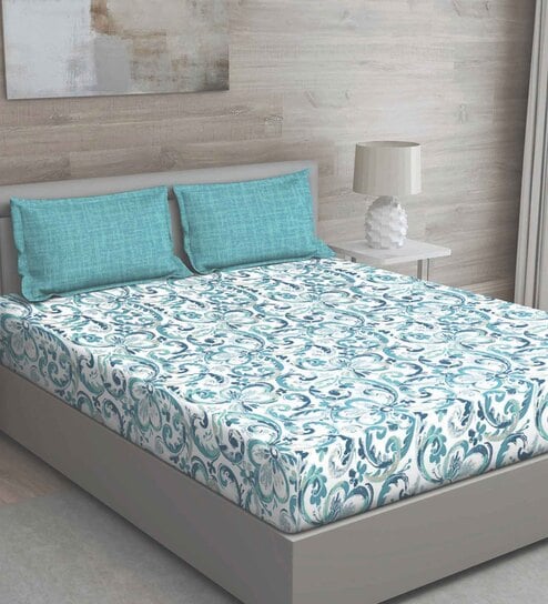 Blue Traditional 144 TC Cotton Queen Sized Bed Sheets with 2 Pillow Covers by GM Fabrics