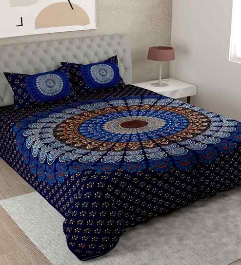 Blue Traditional 180 TC Cotton  King Sized Bedsheet with 2 Pillow Covers