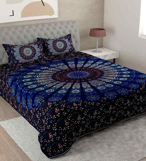 Blue Traditional 180 TC Cotton  King Sized Bedsheet with 2 Pillow Covers