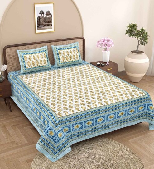 blue Traditional 240 TC Pure Cotton King Sized Double Bedsheet with 2 Pillow Covers