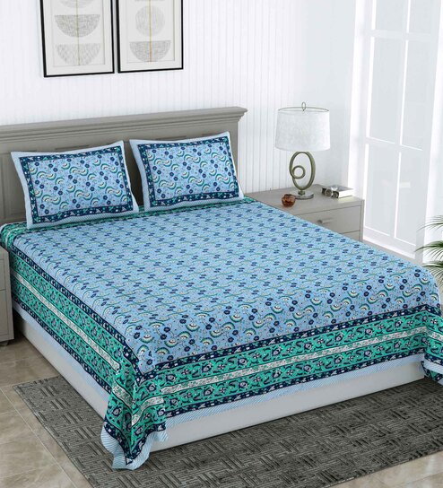 Blue Traditional 240 TC Pure Cotton King Sized Double Bedsheet with 2 Pillow Covers