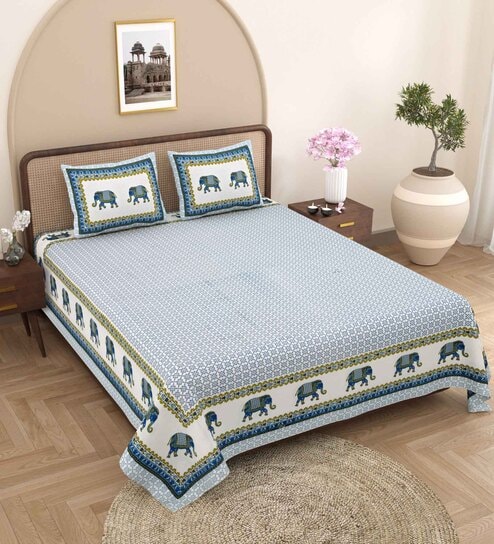 Blue Traditional 240 TC Pure Cotton King Sized Double Bedsheet with 2 Pillow Covers