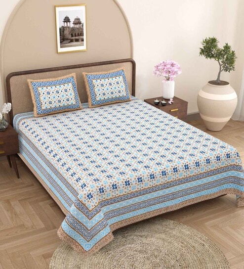Blue Traditional 240 TC Pure Cotton King Sized Double Bedsheet with 2 Pillow Covers