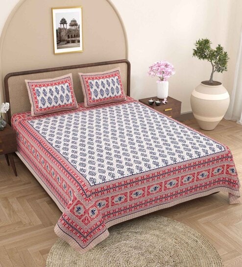 Blue Traditional 240 TC Pure Cotton King Sized Double Bedsheet with 2 Pillow Covers