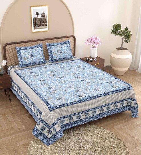 Blue Traditional 240 TC Pure Cotton King Sized Double Bedsheet with 2 Pillow Covers