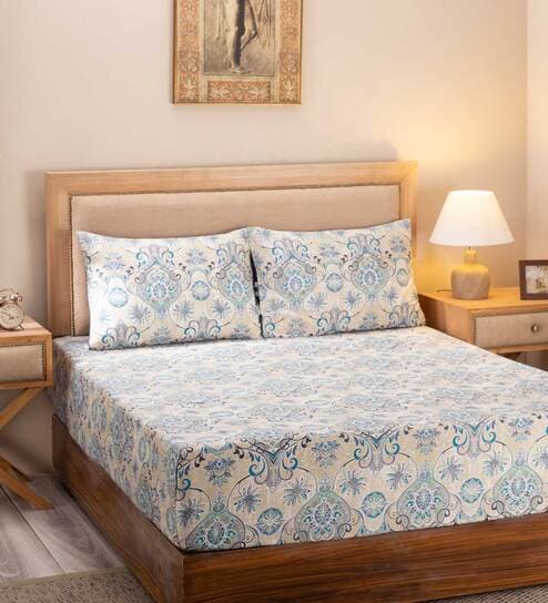 Blue Traditional 300 TC 100% Cotton Queen Sized Bed Sheets with 2 Pillow Covers by Maspar