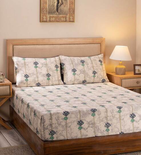 Blue Traditional 300 TC 100% Cotton Queen Sized Bed Sheets with 2 Pillow Covers