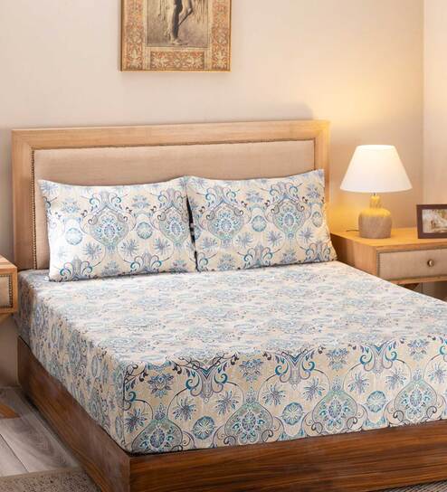 Blue Traditional 300 TC 100% Cotton King Sized Bed Sheets with 2 Pillow Covers