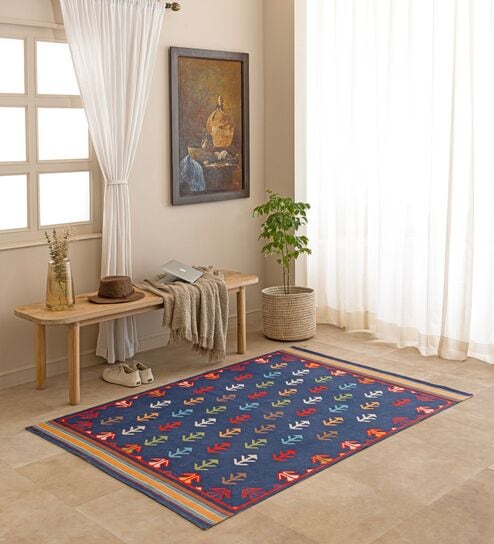 Blue Traditional Hand Woven 5 Ft X 3 Ft  Dhurrie
