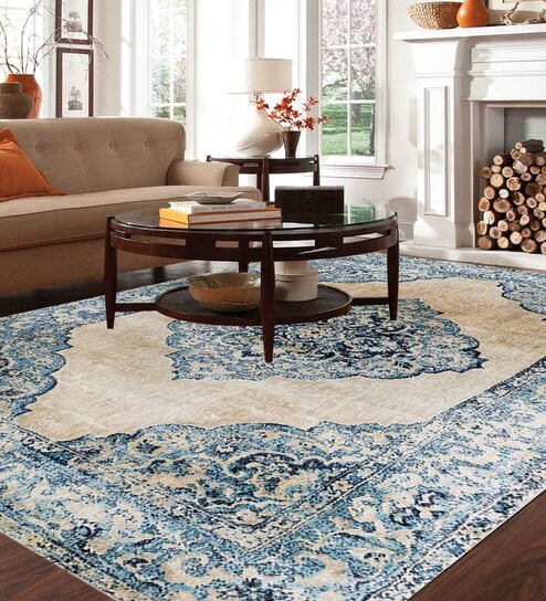 Blue Traditional Polypropylene 3 ft x 5 ft Machine Made Carpet