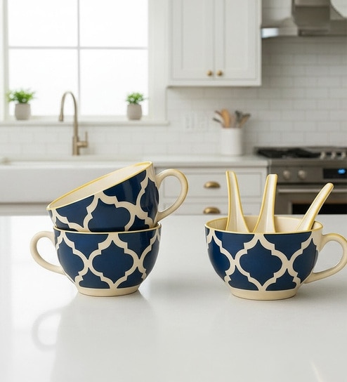 Blue Umrao Ceramic Soup Bowl Set of 3(300ml Each)