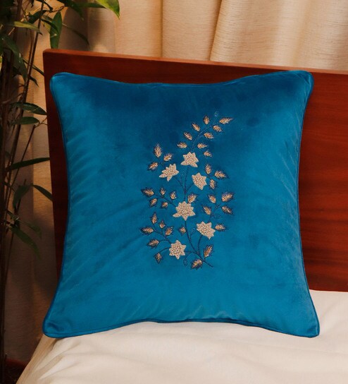 Blue Floral Poly Canvas 16 x 16 Inch Cushion Cover by Zeba