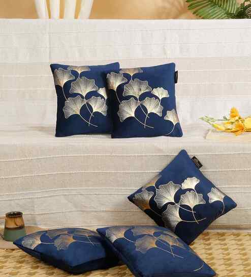 Blue Velvet Floral 12X12 Inches Cushion Covers (Pack of 5)