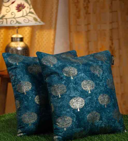 Blue Velvet Floral 16X16 Inches Cushion Covers (Pack of 2)
