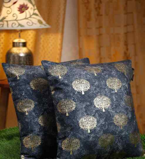 Blue Velvet Floral 16X16 Inches Cushion Covers (2Pcs)