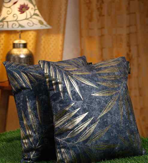 Blue Velvet Floral 16X16 Inches Cushion Covers (Pack of 2)