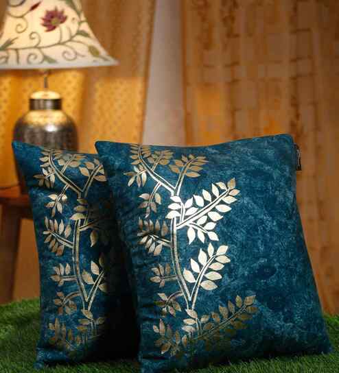Blue Velvet Floral 16X16 Inches Cushion Covers (Pack of 2)