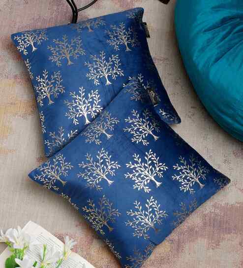 Blue Velvet Floral 16X16 Inches Cushion Covers (Pack of 2)