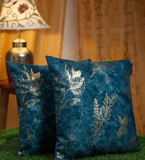 Blue Velvet Floral 16X16 Inches Cushion Covers (Pack of 2)
