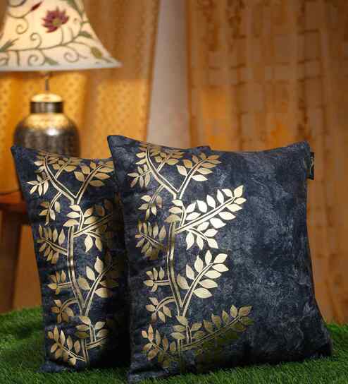 Blue Velvet Floral 16X16 Inches Cushion Covers (Pack of 2)