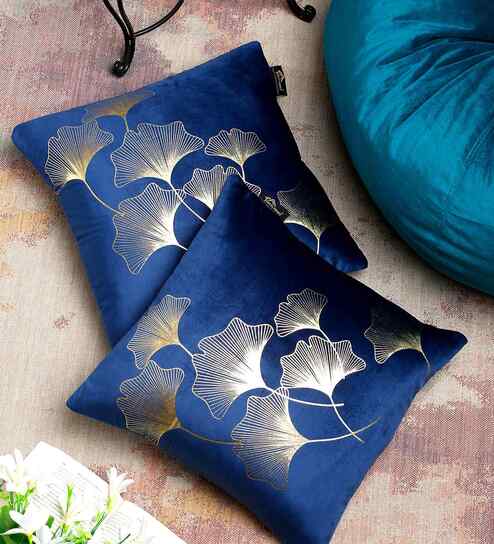 Blue Velvet Floral 16X16 Inches Cushion Covers (Pack of 2)