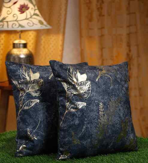 Blue Velvet Floral 16X16 Inches Cushion Covers (Pack of 2)
