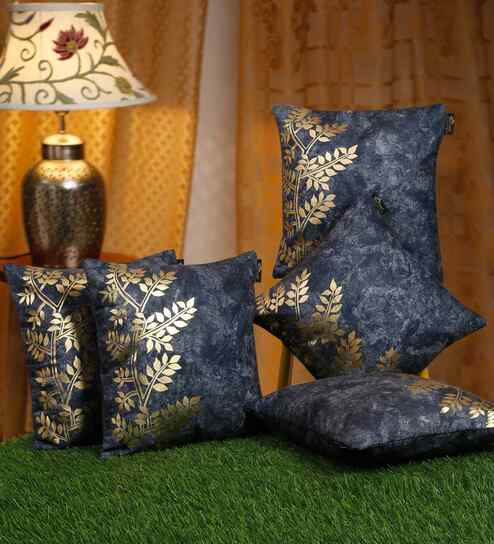 Blue Velvet Floral 16X16 Inches Cushion Covers (5Pcs)