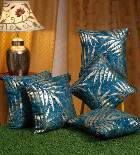 Blue Velvet Floral 16X16 Inches Cushion Covers (5Pcs)